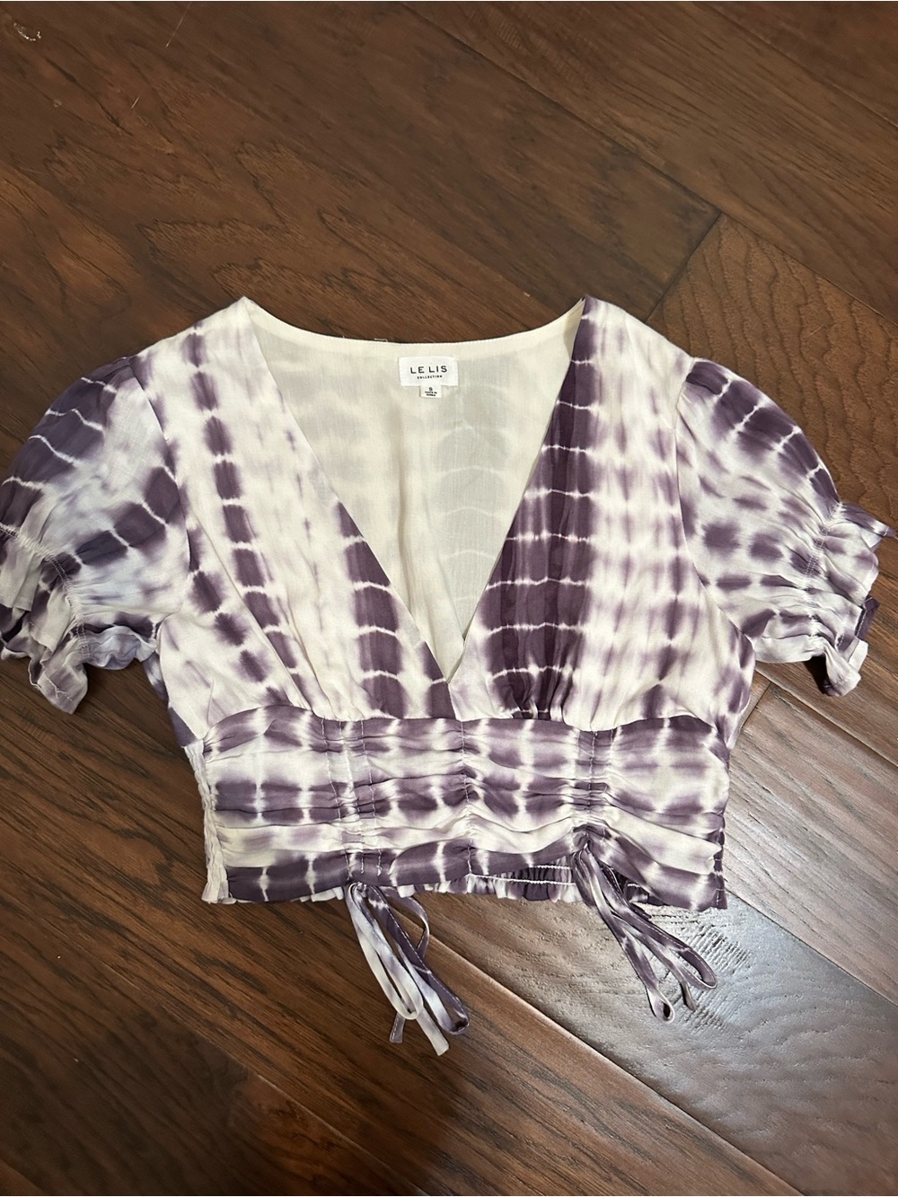 Le Lis Purple and White Tie-Dye V-Neck Ruched Drawstring Crop Top